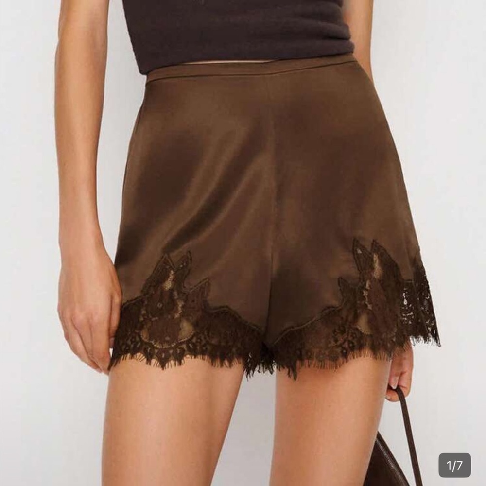SHEIN Brown Lace-Trim Satin Shorts